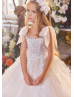 Beaded Ivory Lace Glitter Tulle Floor Length Flower Girl Dress